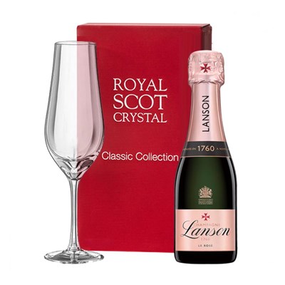 Mini Lanson Le Rose Champagne 20cl and Royal Scot Classic Collection Flute In Red Gift Box